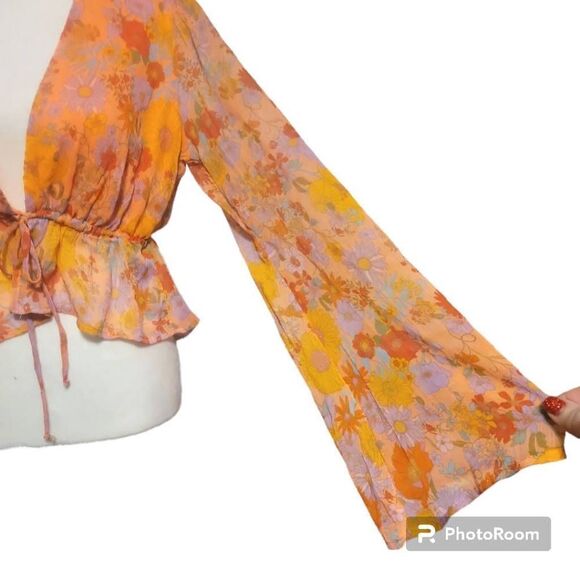 Wild Fable Sheer Orange Floral Top Women's Size Small - Picture 2 of 8